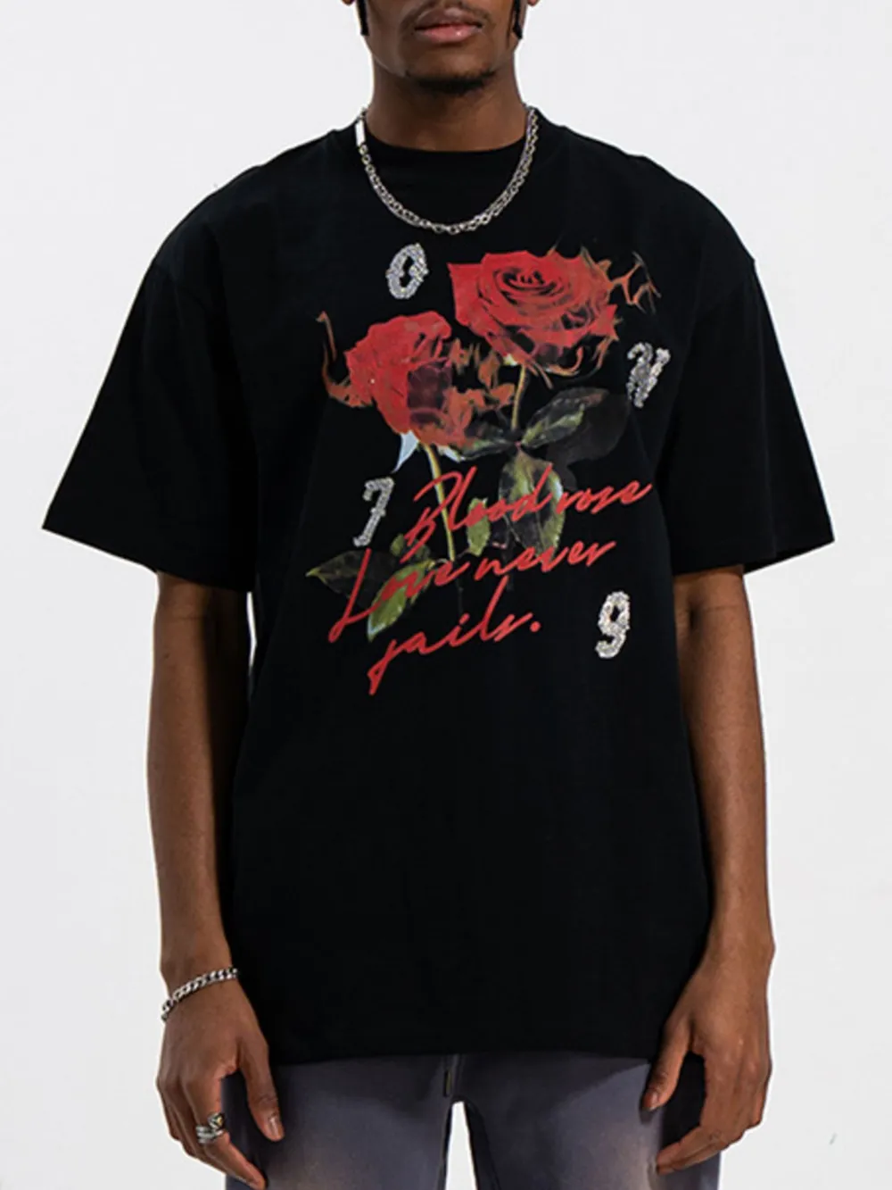 Men's Rose Graphic T-Shirt with Vintage Script Design