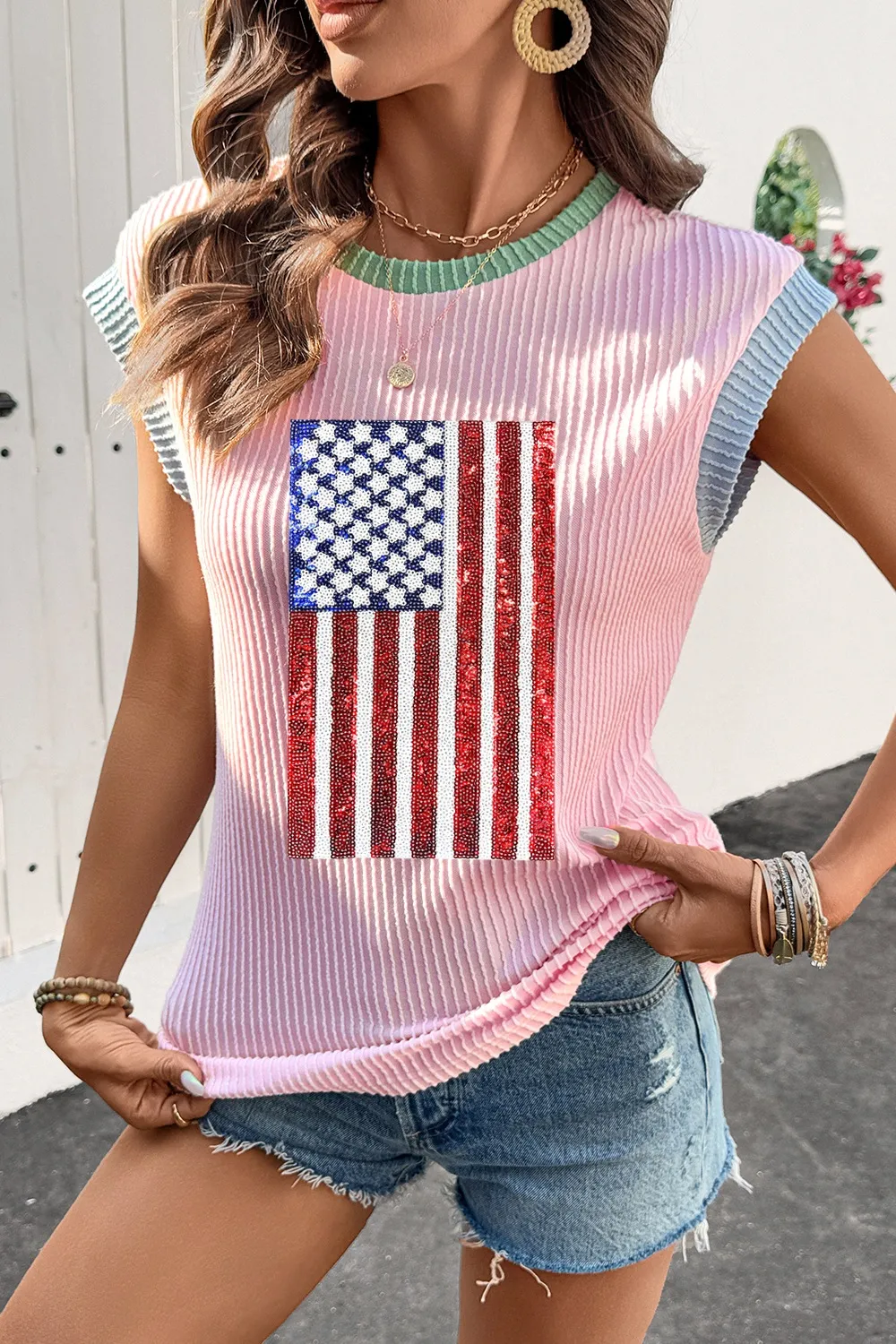 Colorblock Edge Twisted Rib Texture Sequin American Flag Casual T Shirt