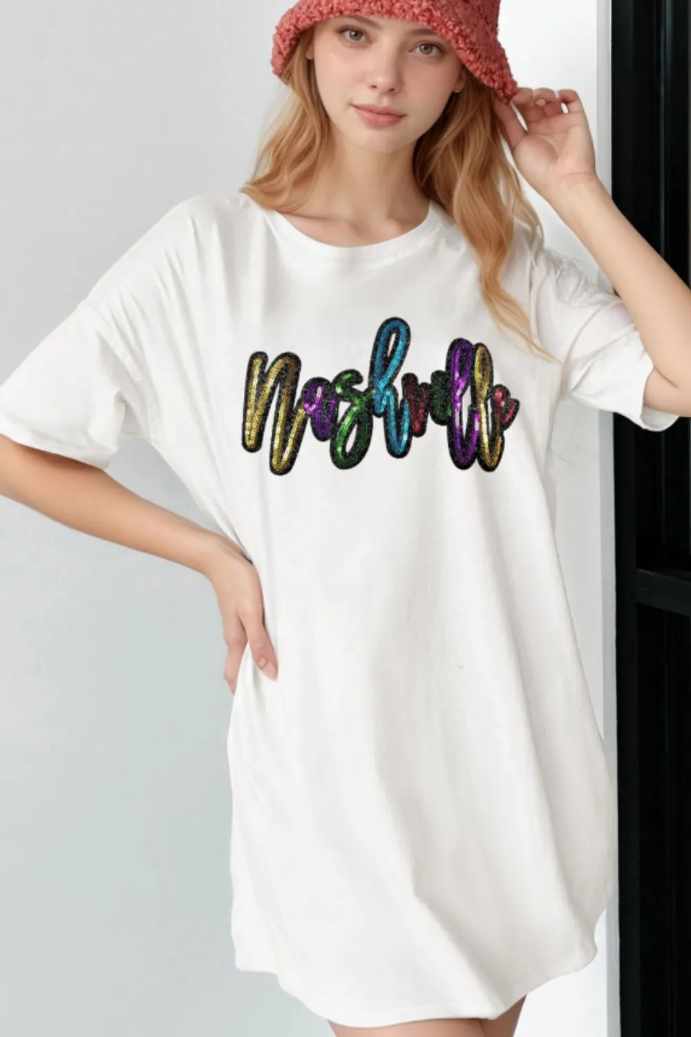 Sequin Round Neck Short Sleeve Oversized T-Shirt, image 2