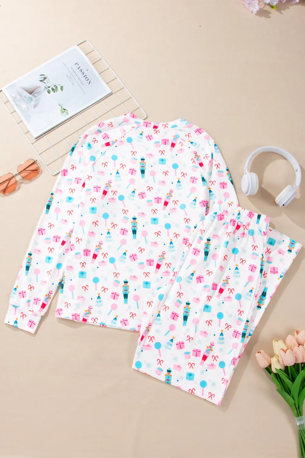 Printed Round Neck Long Sleeve Top and Pants Lounge Set, image 2