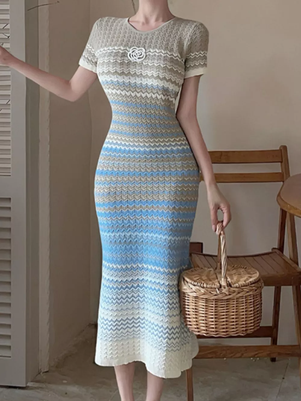 Gradient Knit Striped Short Sleeve Midi Dress, image 3