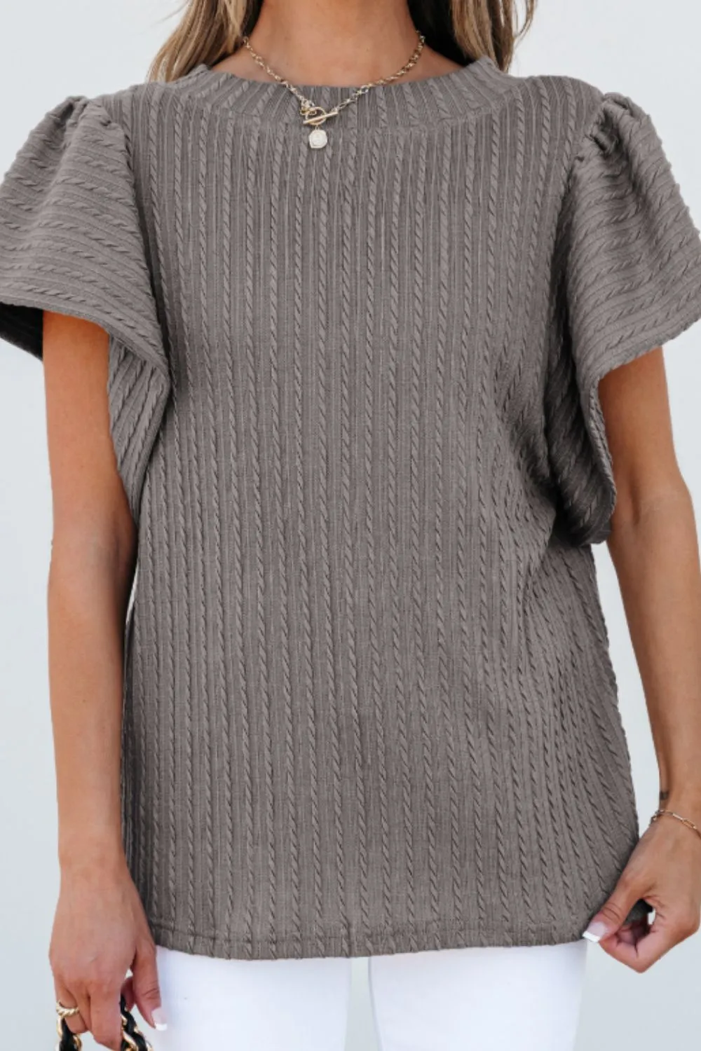 Textured Round Neck Flounce Sleeve Blouse, image 2