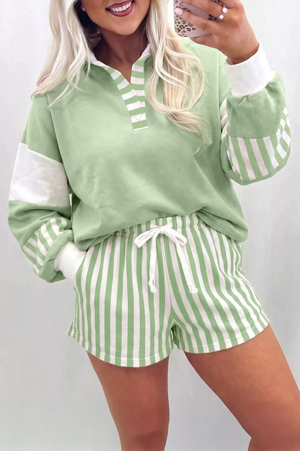 Striped Color Block Pullover Top Drawstring Shorts Set, image 3
