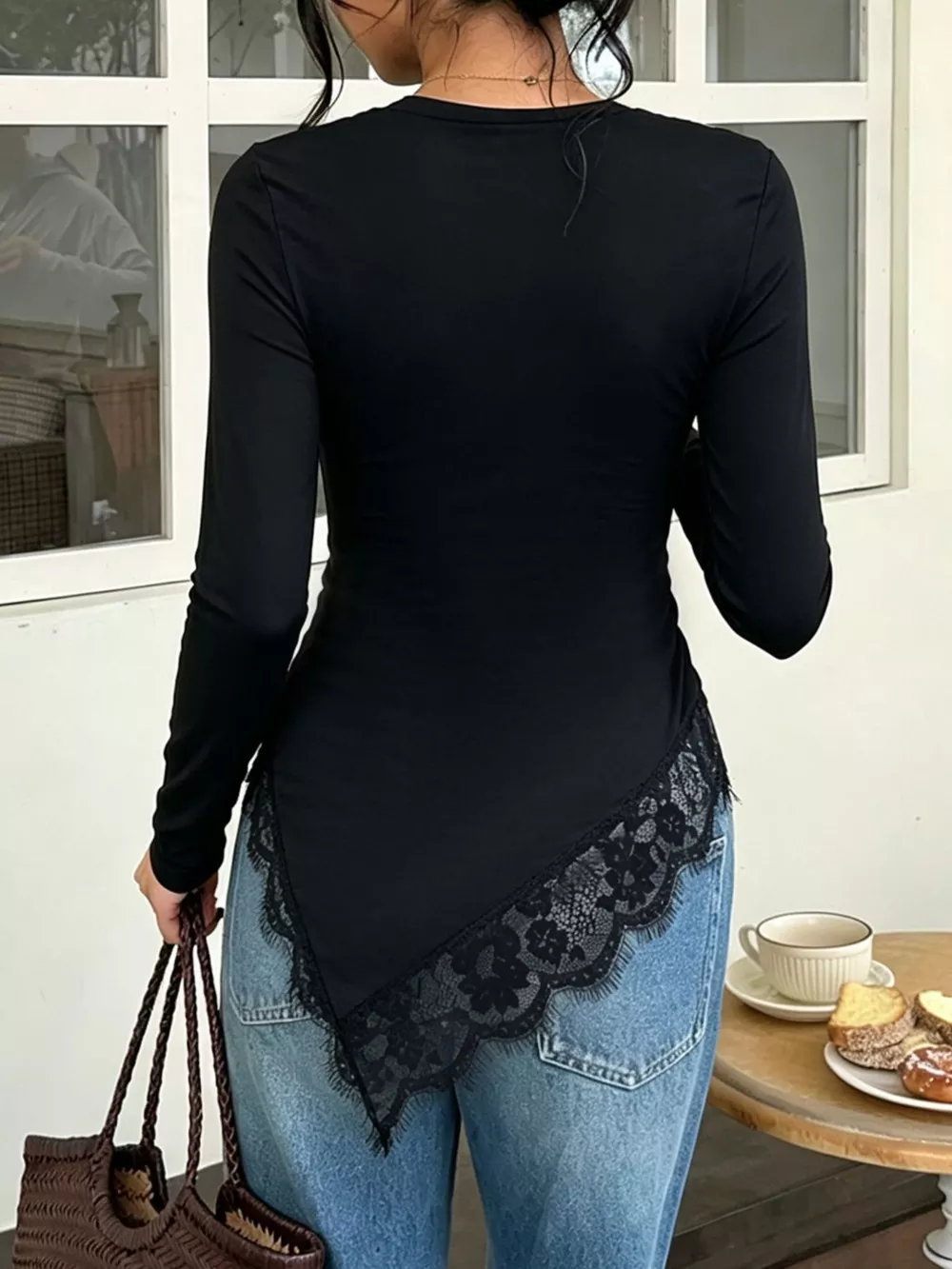 Asymmetrical Lace Hem Long Sleeve T-Shirt, image 5