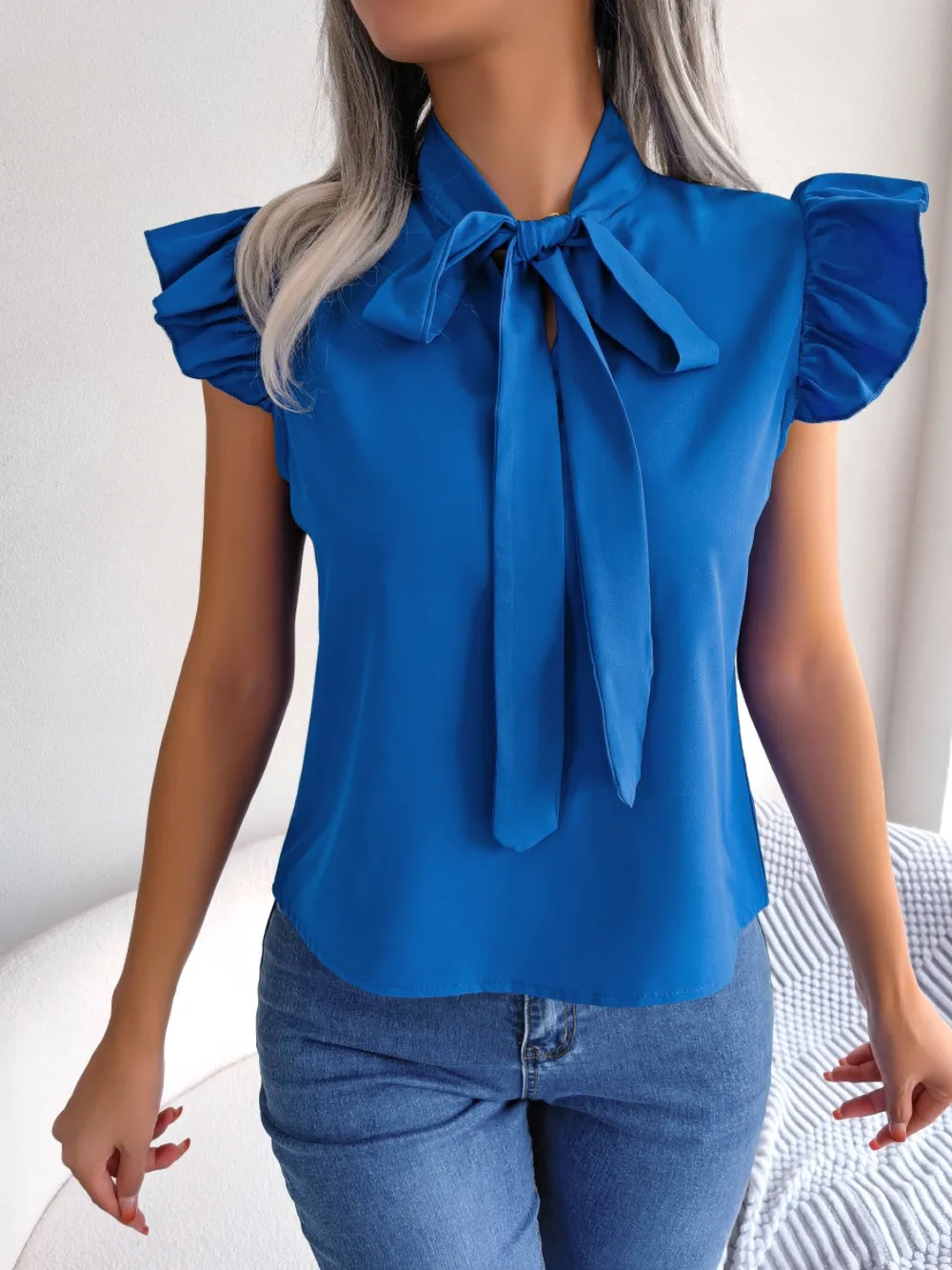 Tie Neck Cap Sleeve Blouse, image 8