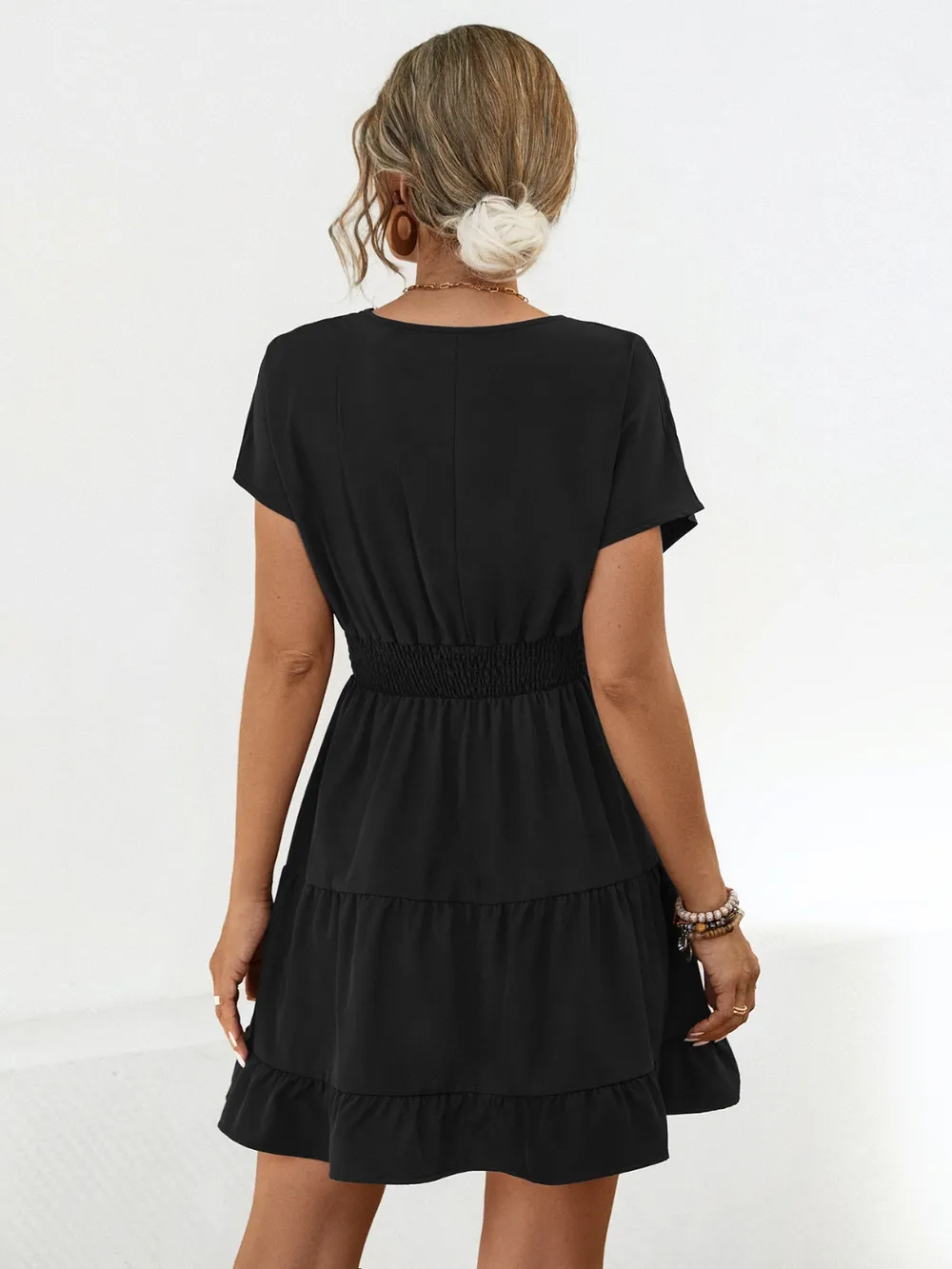 Ruffled Smocked V-Neck Tiered Dress, image 3