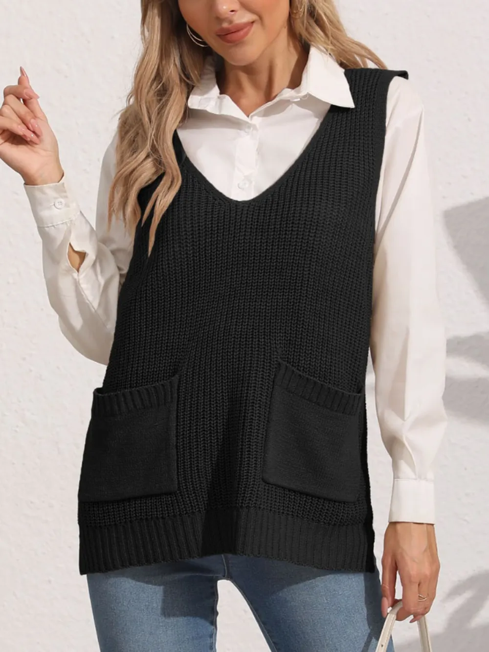 Pocketed V-Neck Sweater Vest, image 9