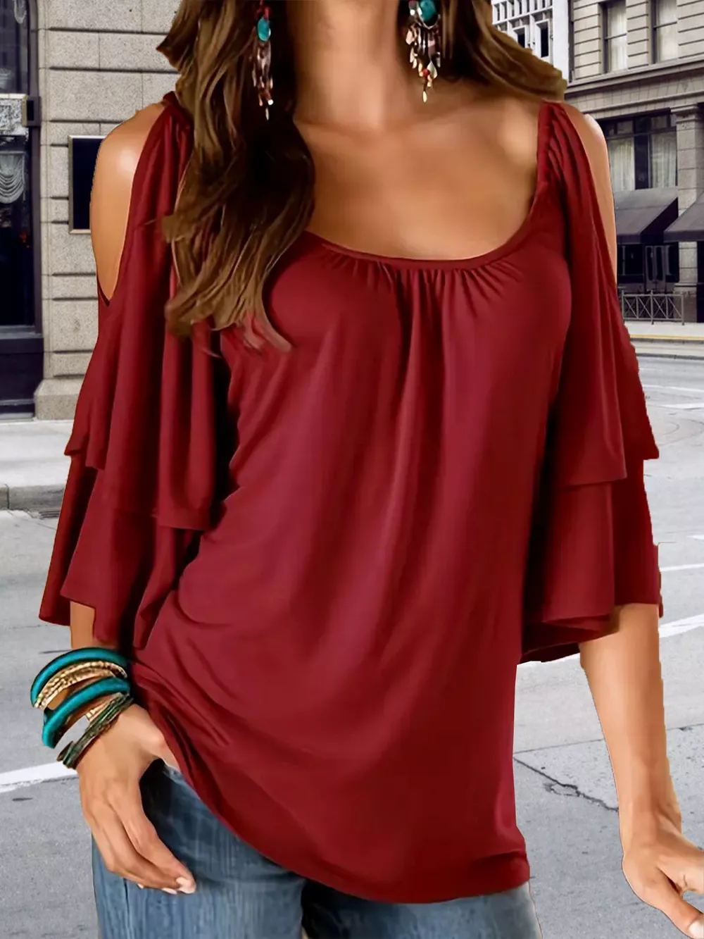 Cold Shoulder Ruffle Sleeve T-Shirt, image 6