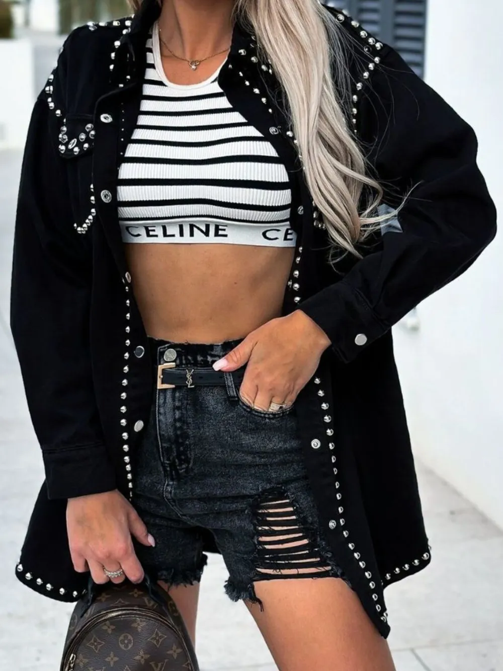 Studded Snap Down Long Sleeve Denim Shacket, image 2
