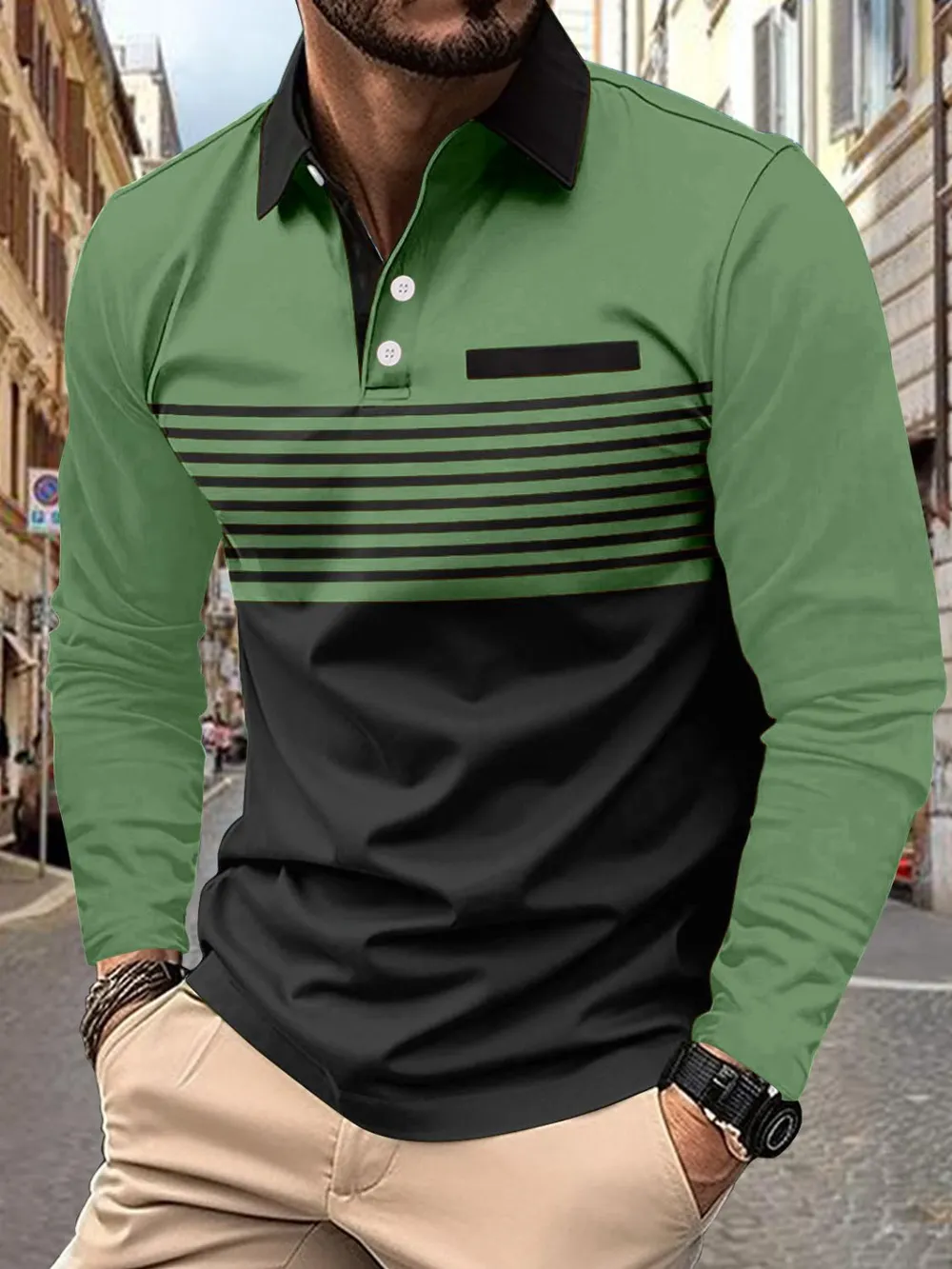Men's Full Size Collared Neck Long Sleeve Striped Polo Plus Size, image 6