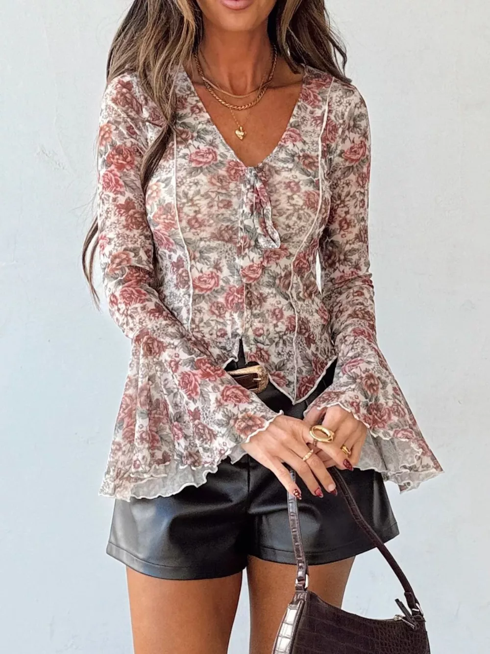 Floral Print Flounce Sleeve Blouse, image 2