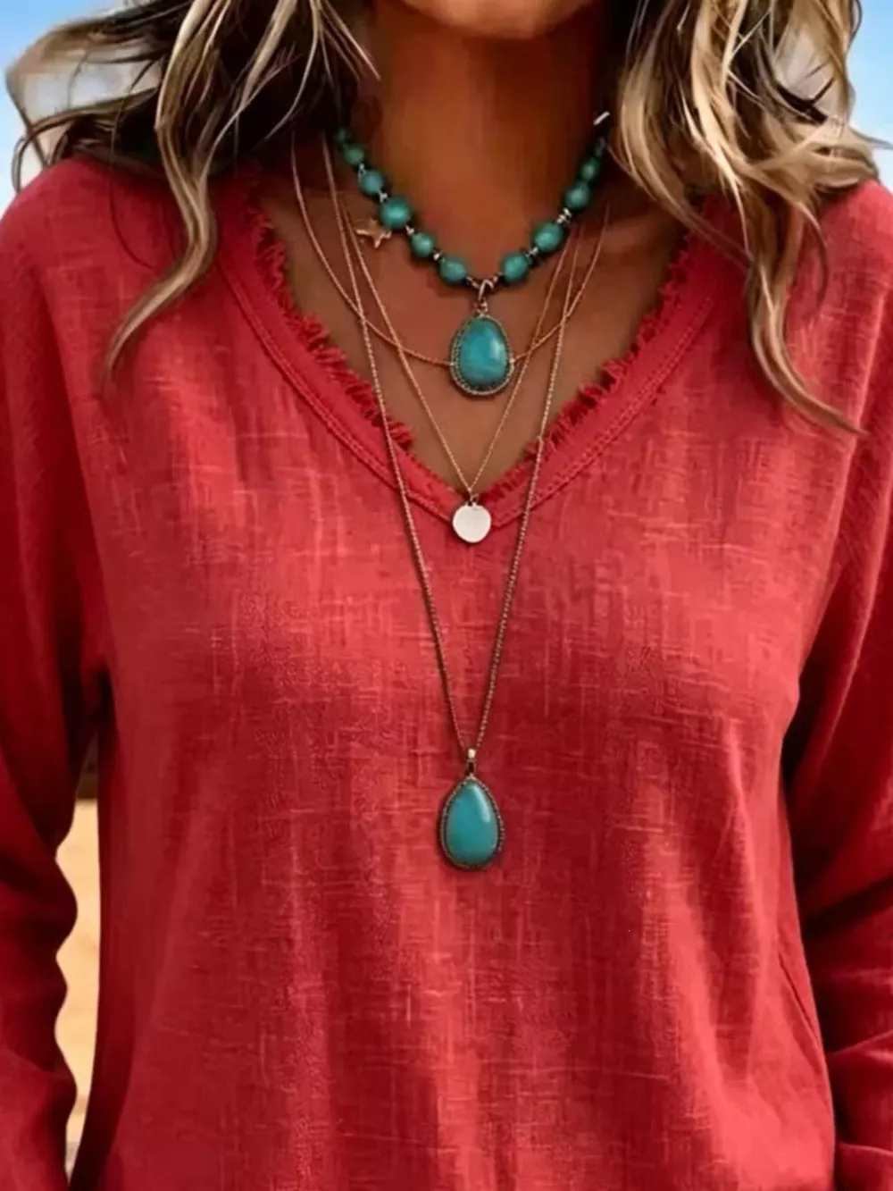 V-Neck Frayed Hem Long Sleeve T-Shirt, image 17