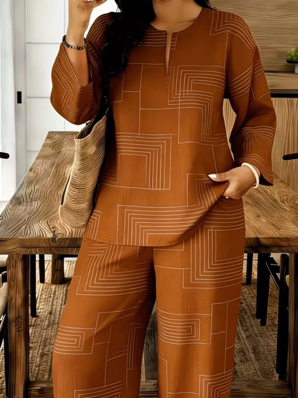 Geometric Print Relaxed Fit Top and Pants Set, image 7