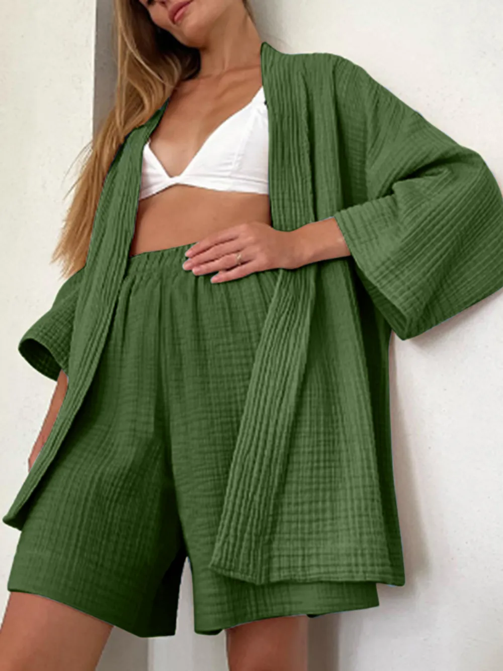 Textured Dropped Shoulder Cardigan and Shorts Set, image 8