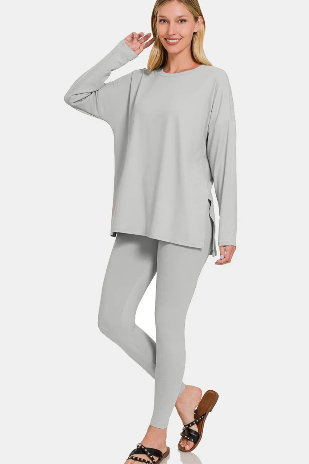 Full Size Brushed Microfiber Top and Leggings Lounge Set, image 2