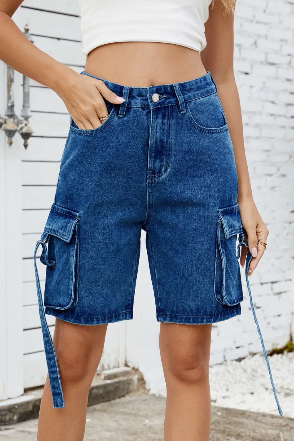 Washed Cargo Denim Shorts, image 5