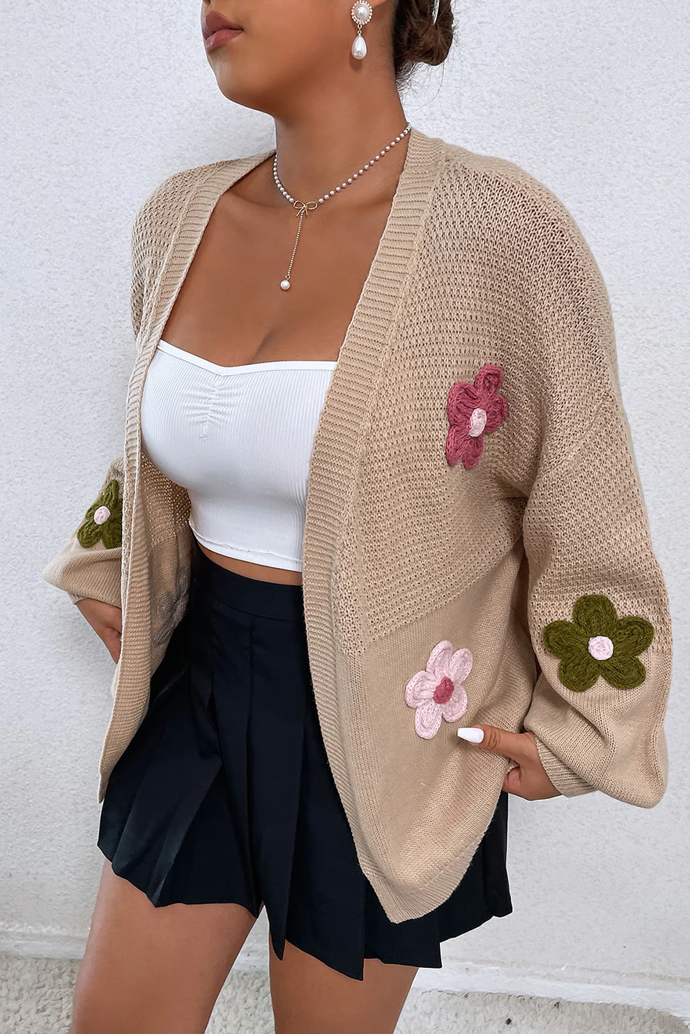 Floral Applique Drop Shoulder Open Front Cardigan, image 9