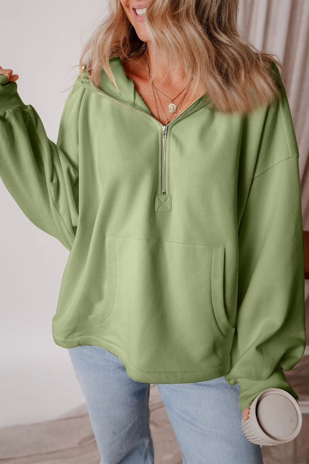 Pocketed Half Zip Dropped Shoulder Hoodie, image 6