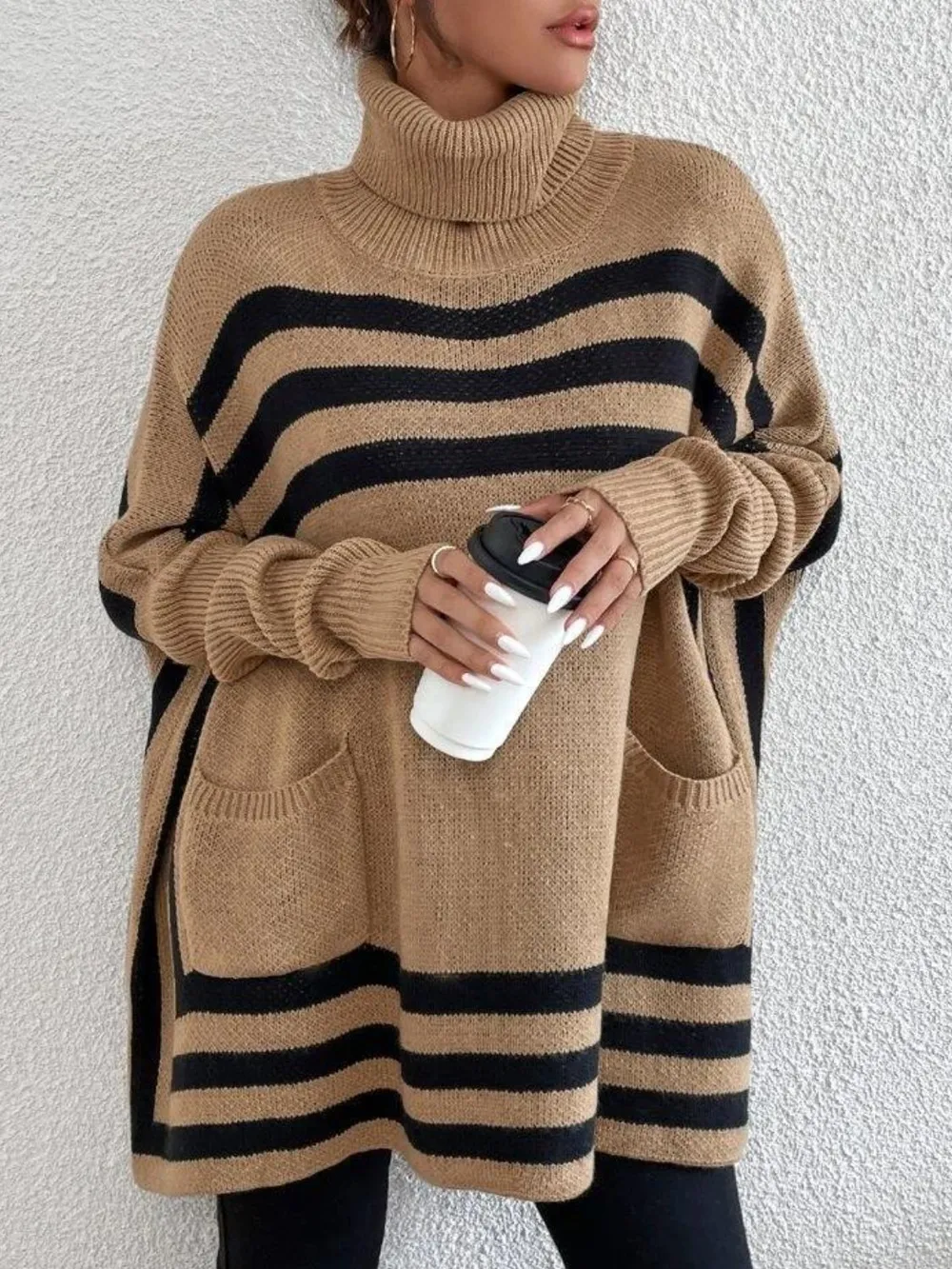 Striped Turtleneck Batwing Sleeve Sweater with Pockets, image 7