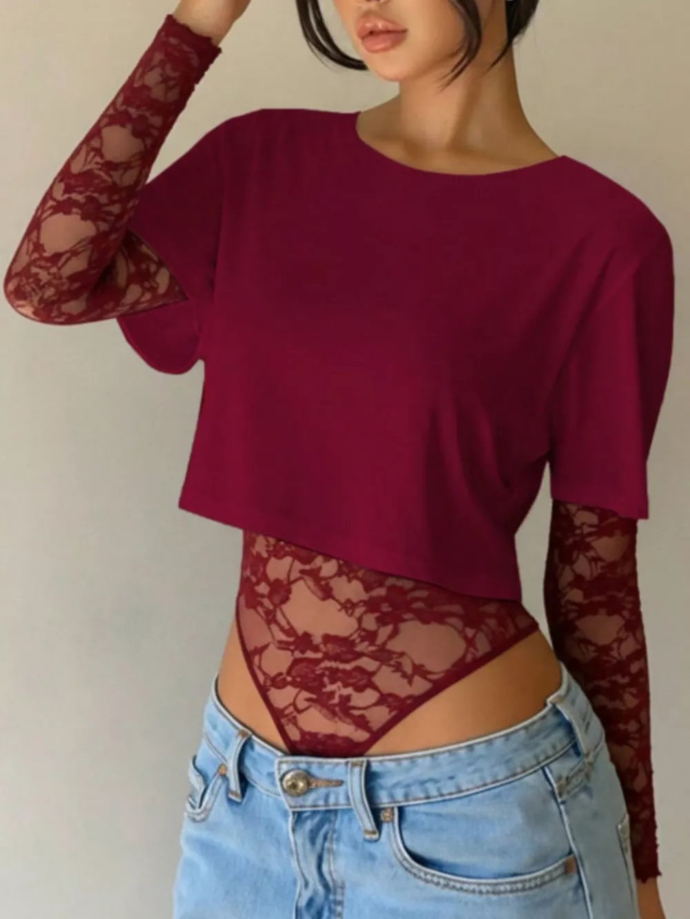 Lace Patchwork Round Neck Bodysuit, image 5