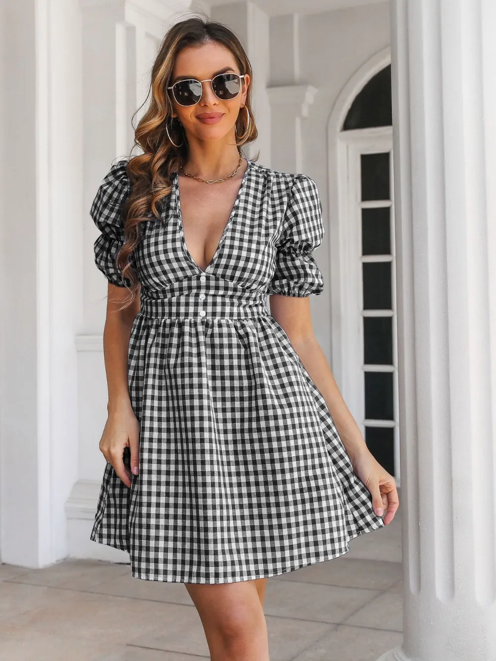 Decorative Button Plaid Short Sleeve Dress, image 3