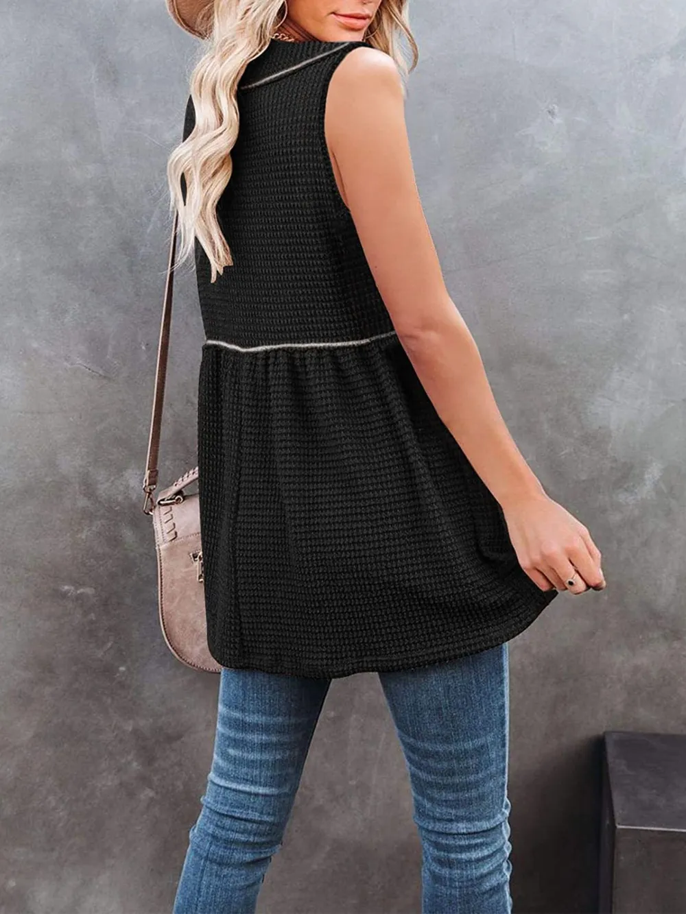 V-Neck Waffle Knit Tank Top with Contrast Stitching, image 4