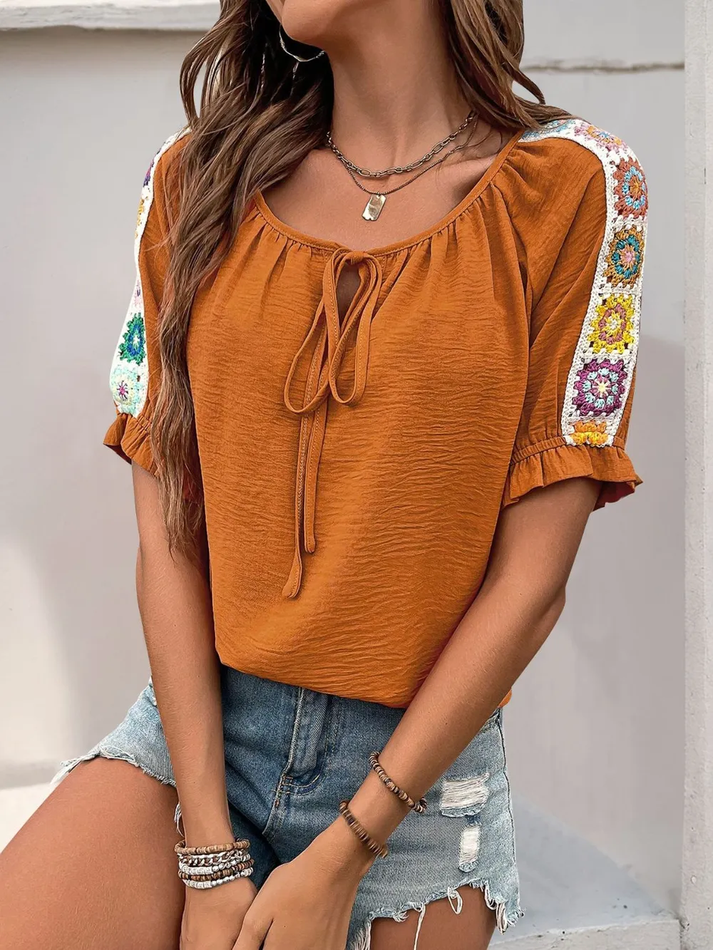 Tied Crochet Detail Short Sleeve Blouse, image 4