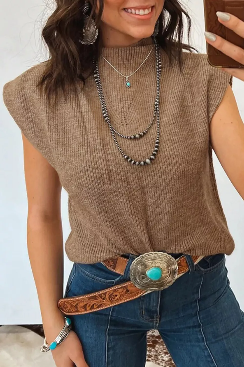 Solid Color Ribbed Knit Mock Neck Loose Sweater Vest, image 2