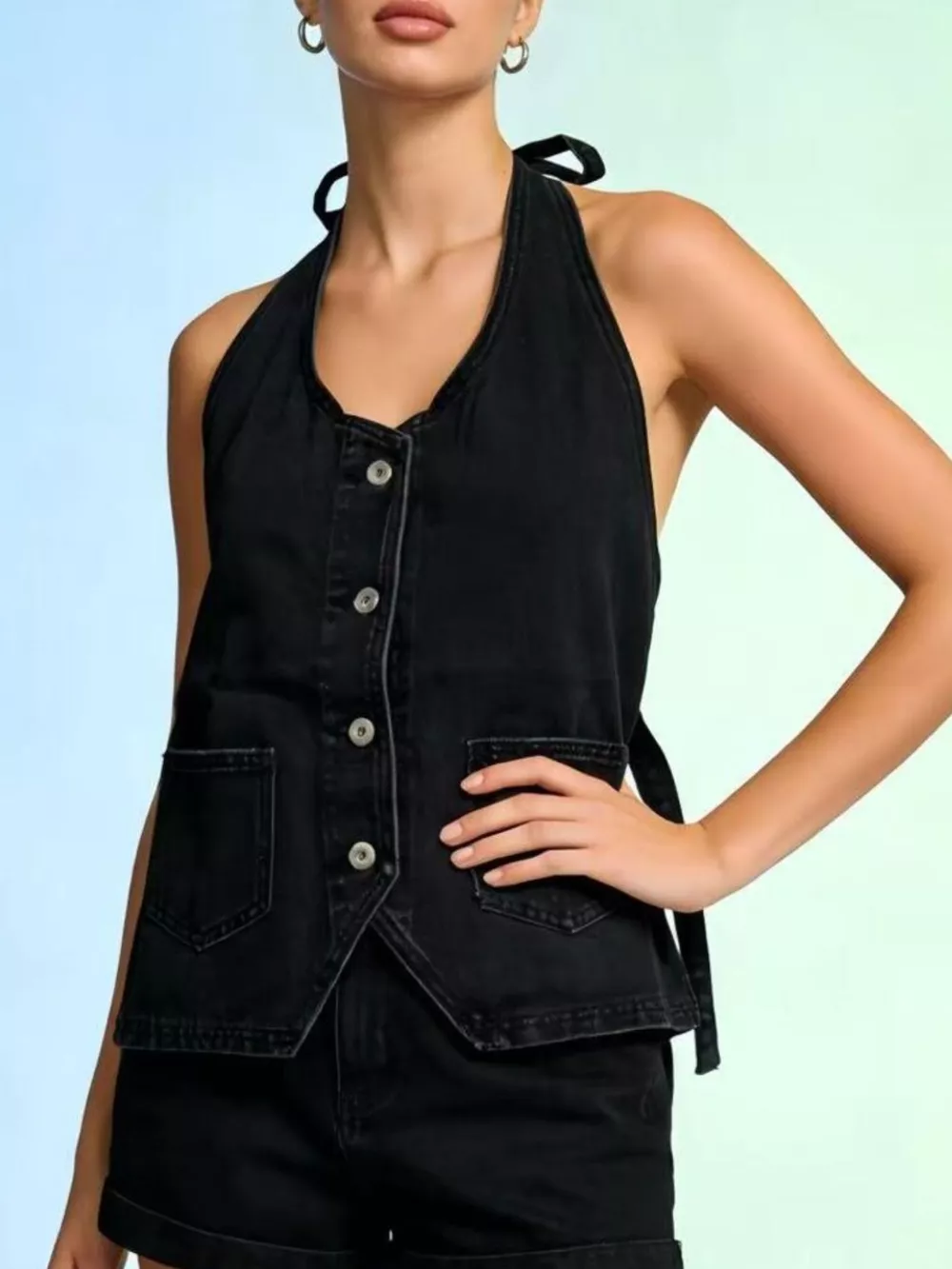 Halter Neck Button-Down Denim Vest, image 16