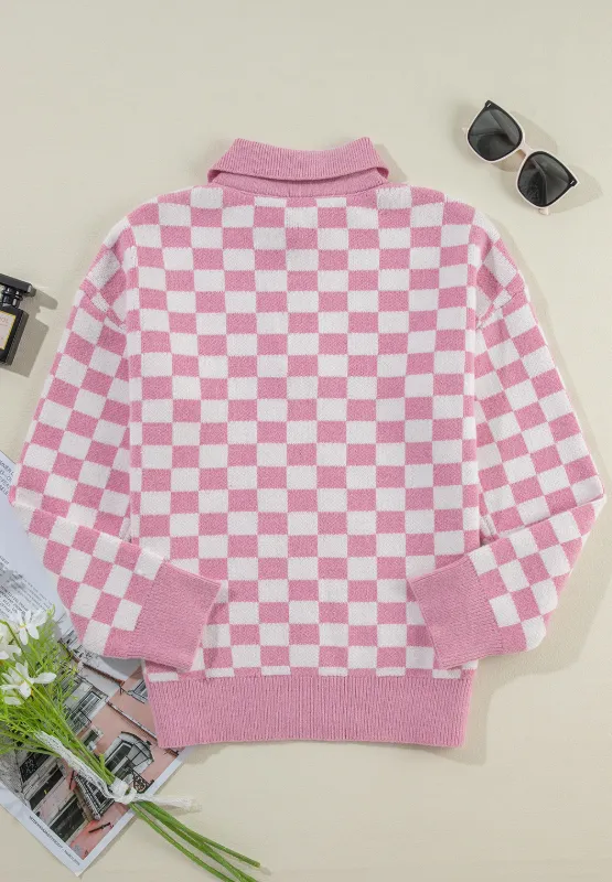 Checkered Collared Neck Long Sleeve Sweater, image 10