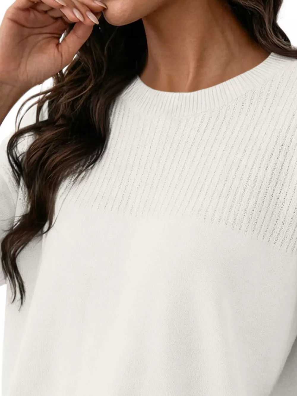Elegant Crew Neck Eyelet Ribbed Sweater, image 14