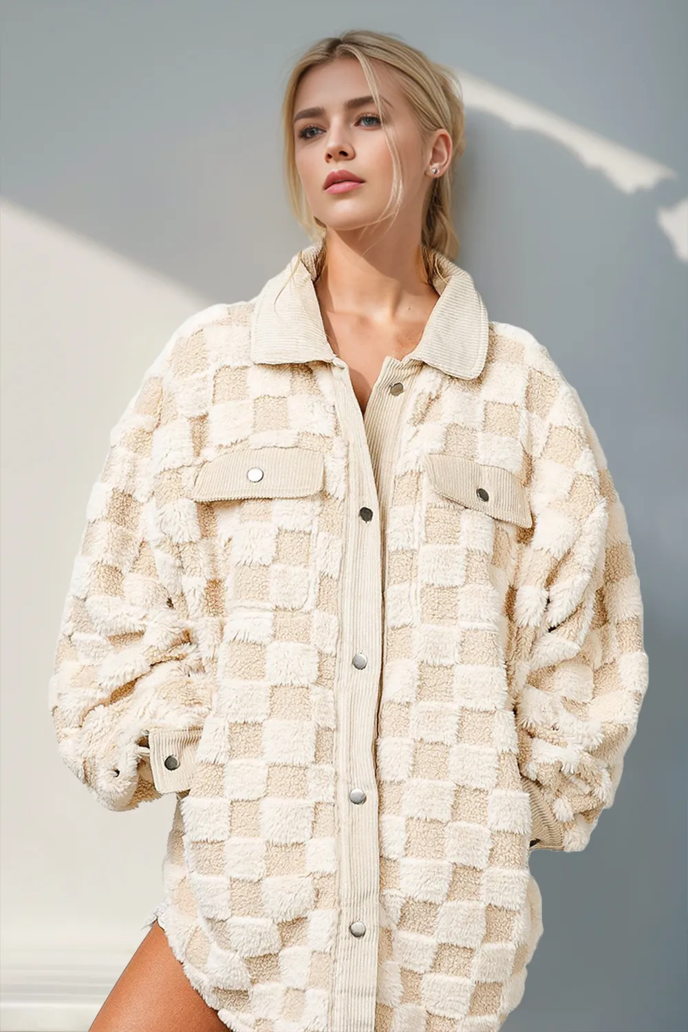 Button Up Fuzzy Checkered Shacket, image 2