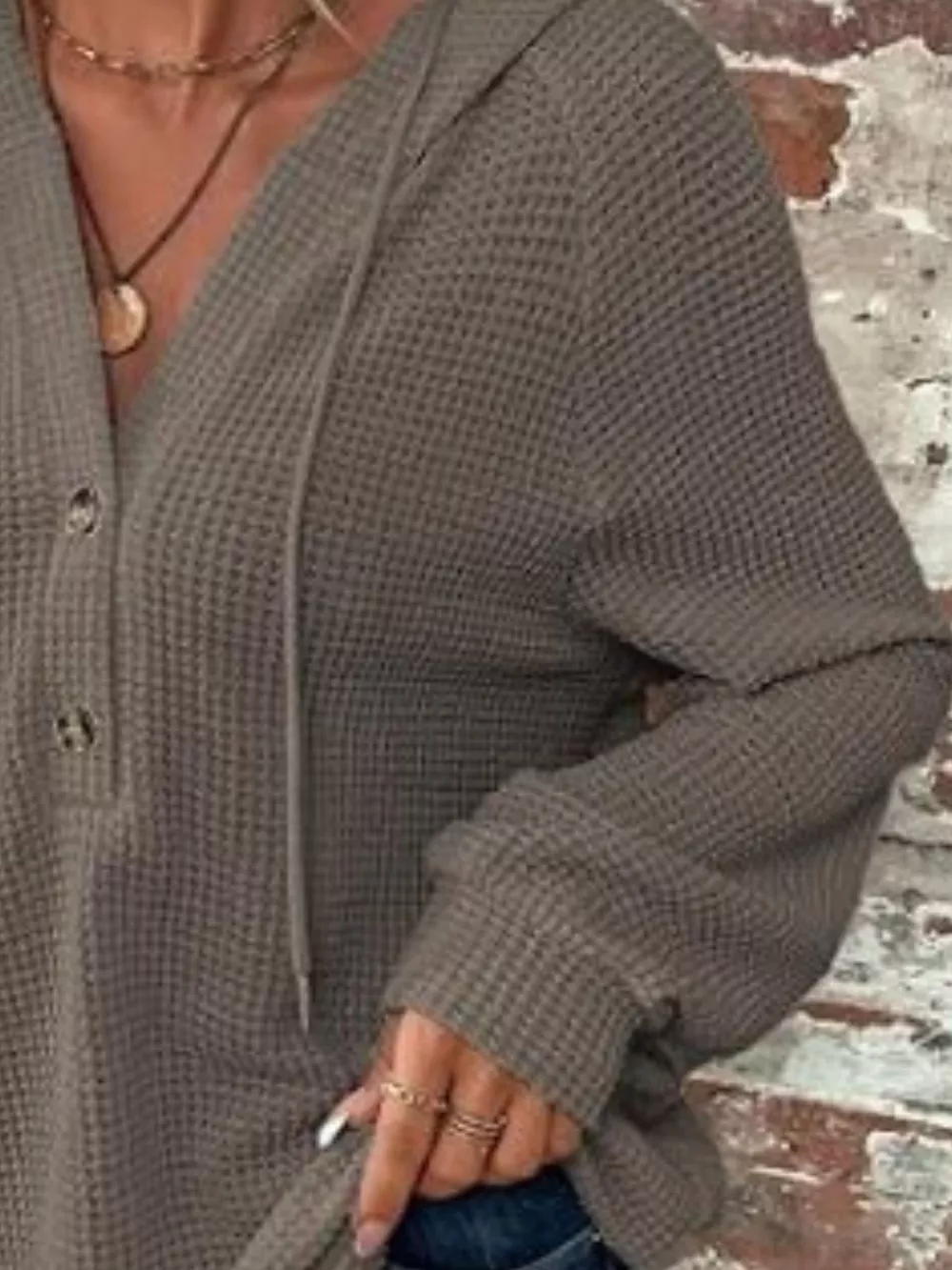 Waffle Knit Button Detail Hoodie, image 4