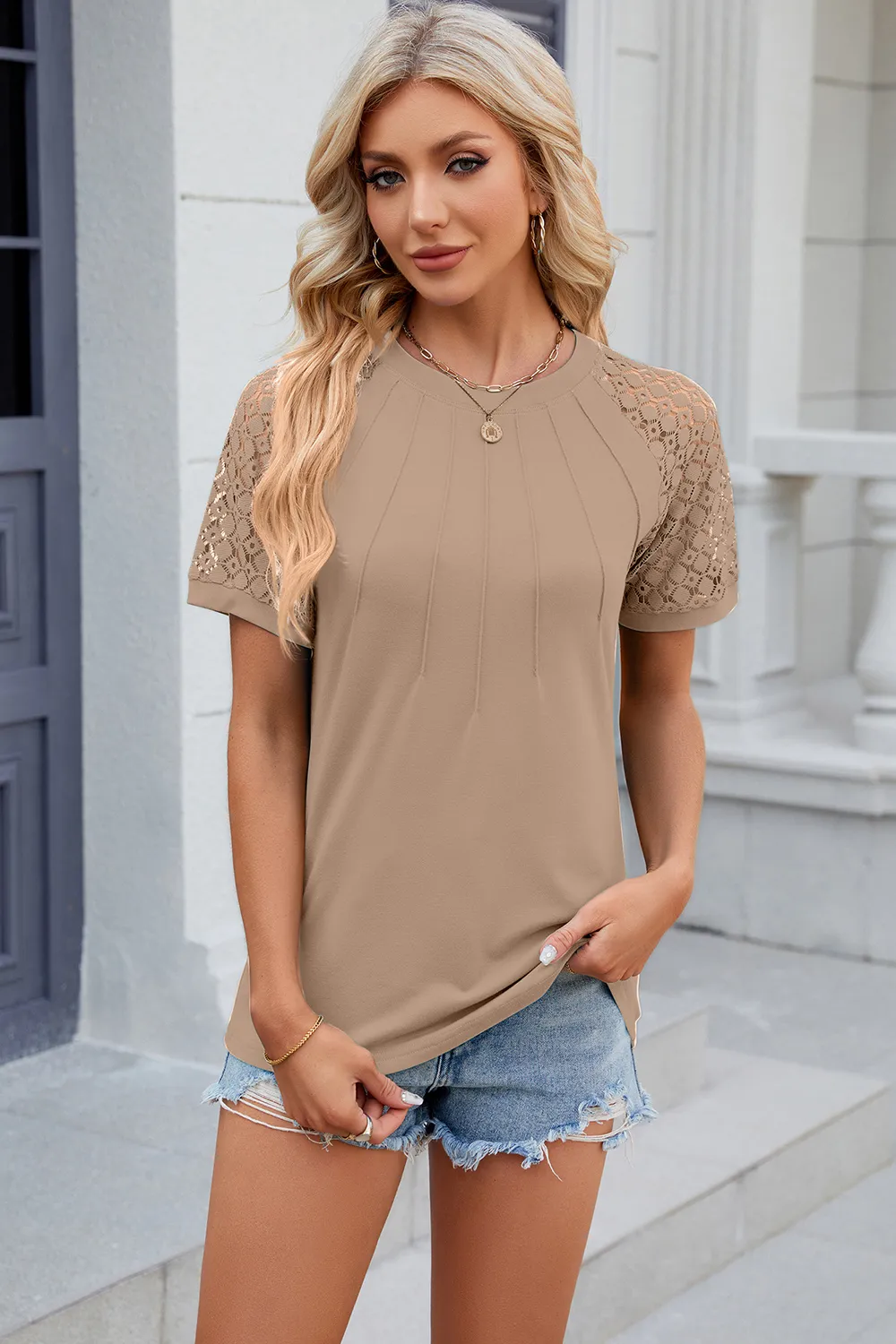 Openwork Round Neck Short Sleeve T-Shirt, image 3
