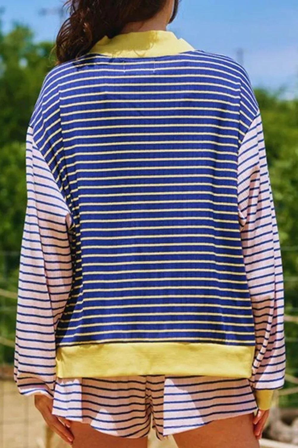 Stripe Color Block Long Sleeve Pullover Ribbed Knit Casual Shorts Set, image 2