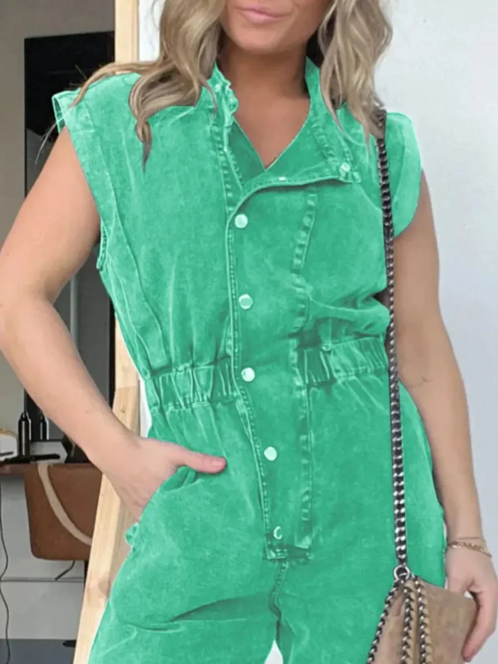 Full Size Button Front Cap Sleeve Denim Jumpsuit Plus Size, image 16