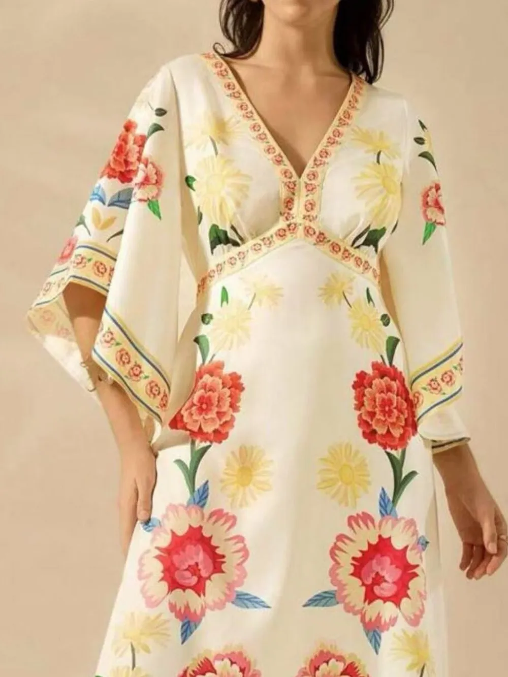 Palm Print V-Neck Midi Dress, image 4