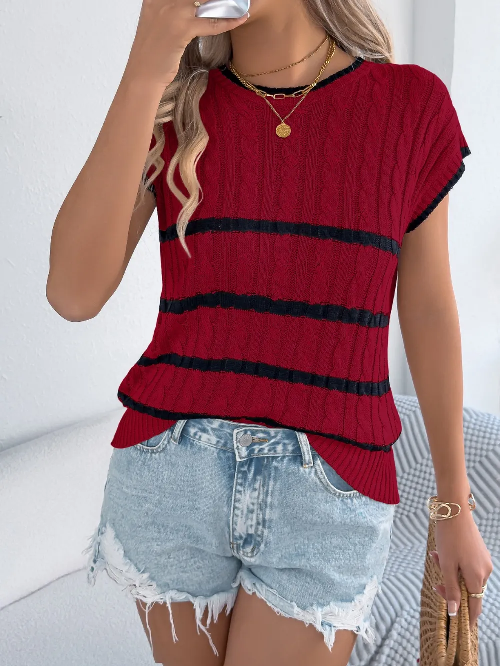Cable-Knit Striped Round Neck Knit Top, image 3