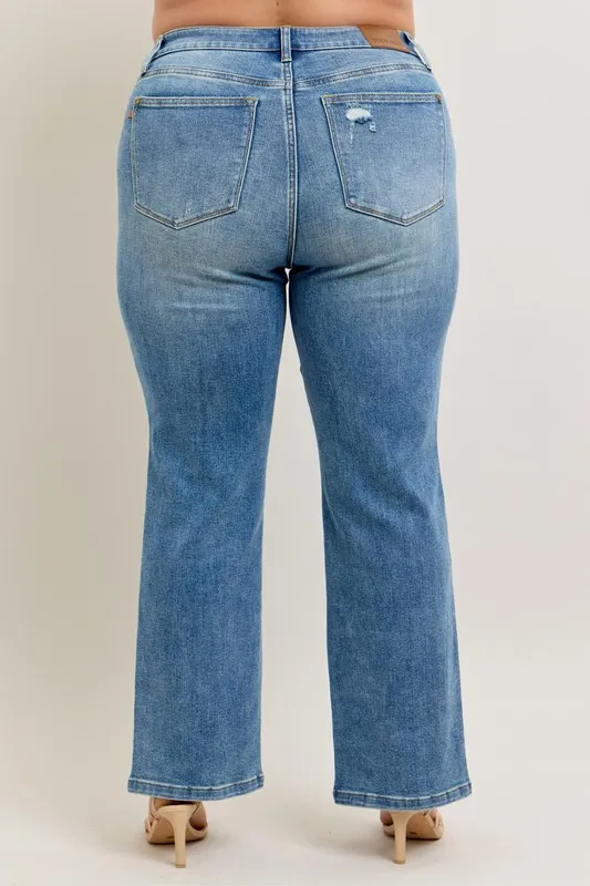 Full Size High Waist Vintage Wash Front Seam & Slit Straight Plus Size, image 3