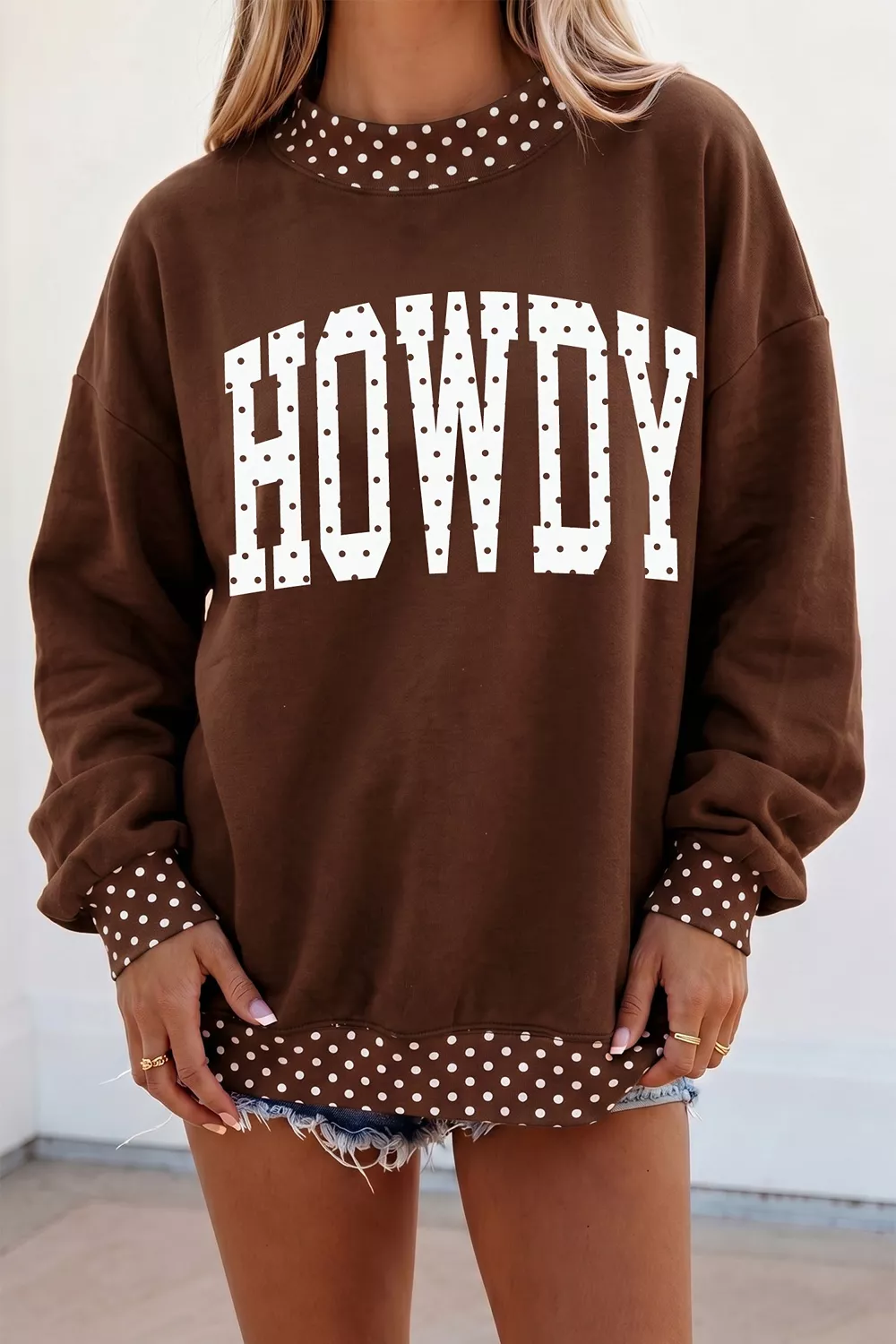 'HOWDY' Graphic Polka Dot Trim Sweatshirt