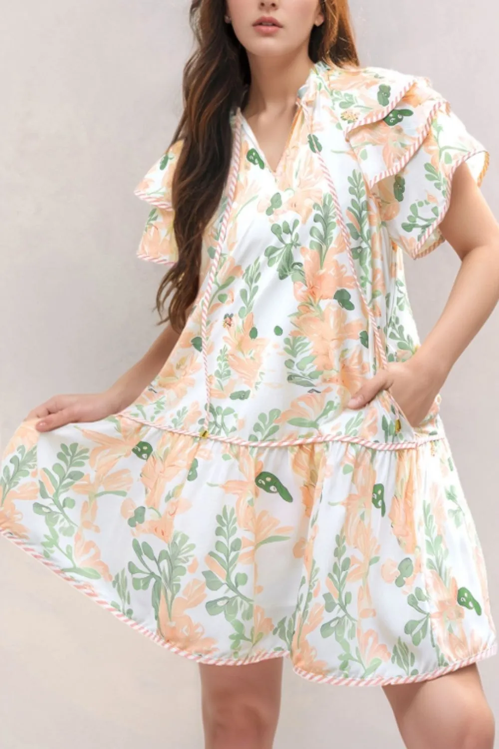 Floral Tie Neck Layered Short Sleeve Dress