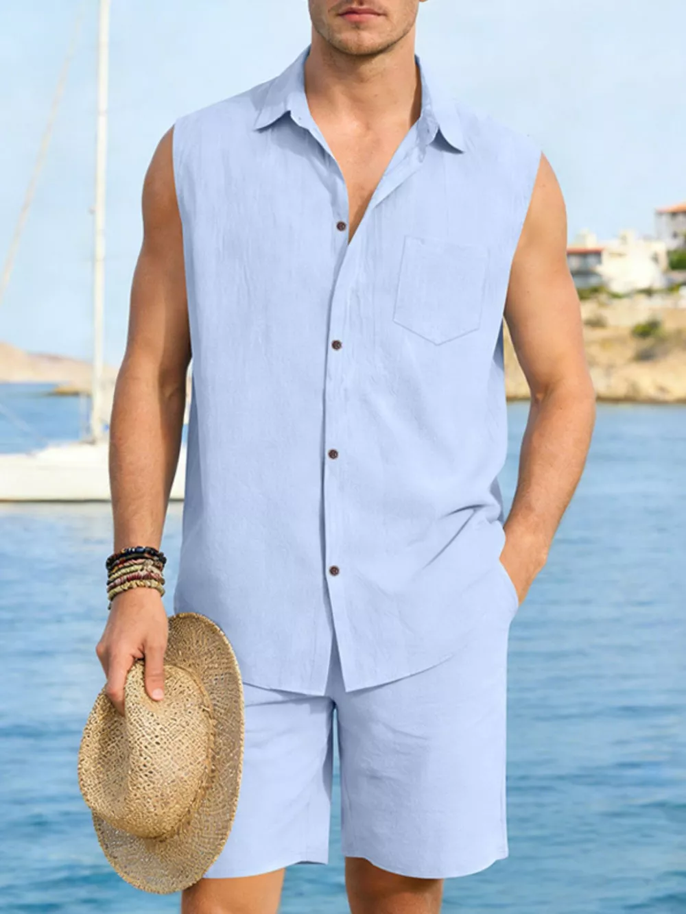 Men's Full Size Button Up Sleeveless Top and Shorts Plus Size, image 18