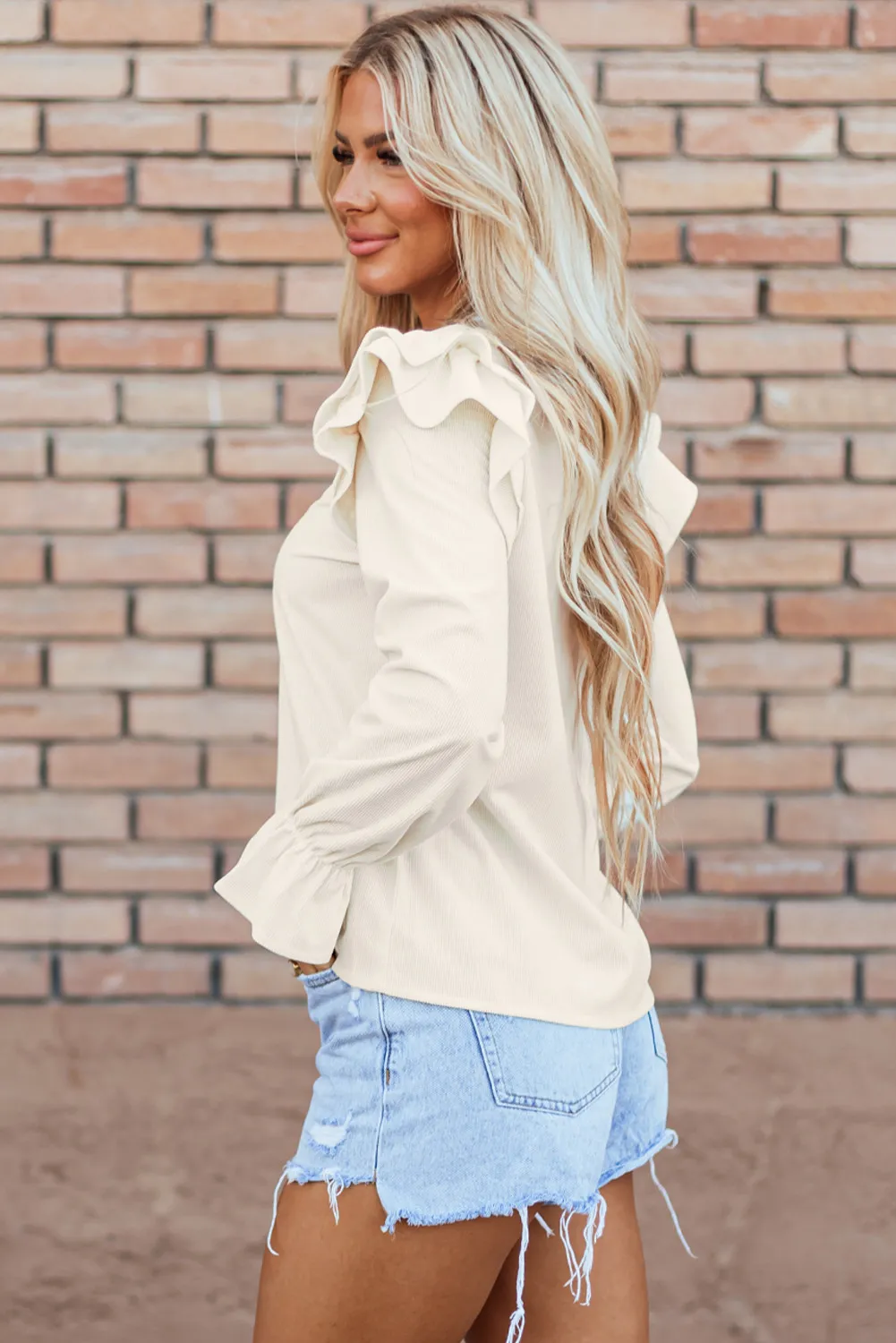 Ruffled Round Neck Flounce Sleeve Top, image 2