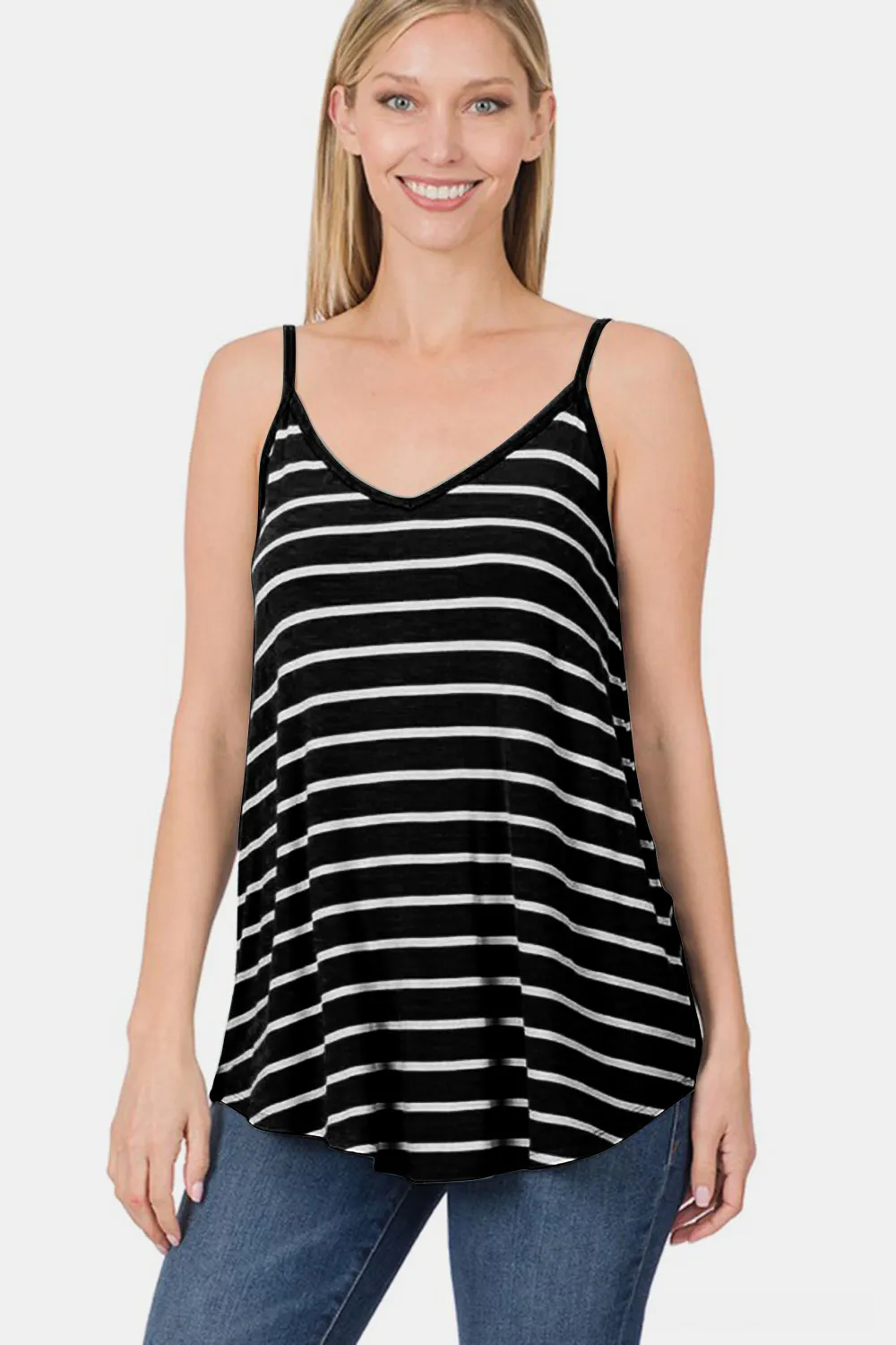 Striped V-Neck Curved Hem Cami, image 3