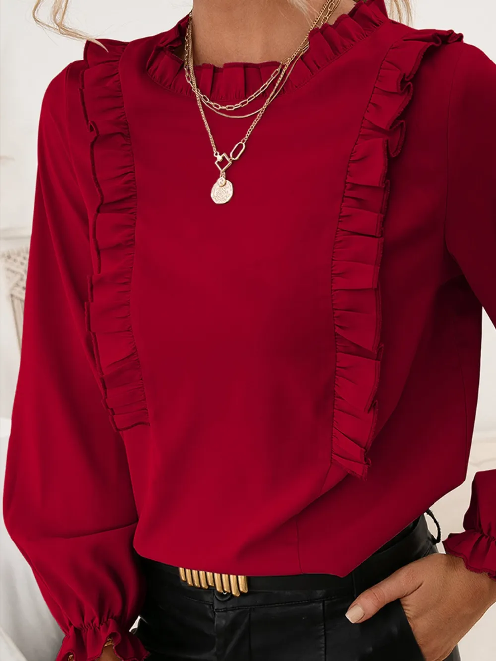 Frill Round Neck Flounce Sleeve Blouse, image 5