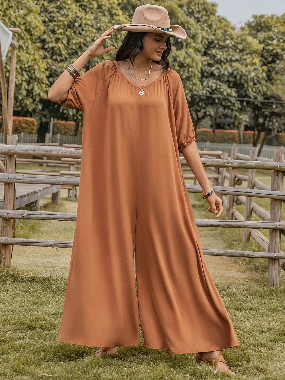 Scoop Neck Half Sleeve Wide Leg Jumpsuit, image 5