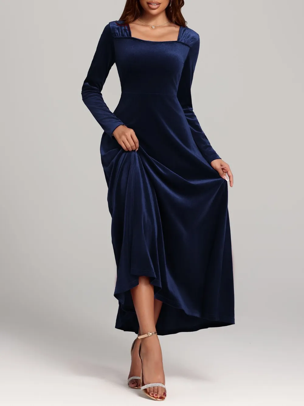 Square Neck Long Sleeve Velvet Dress, image 10
