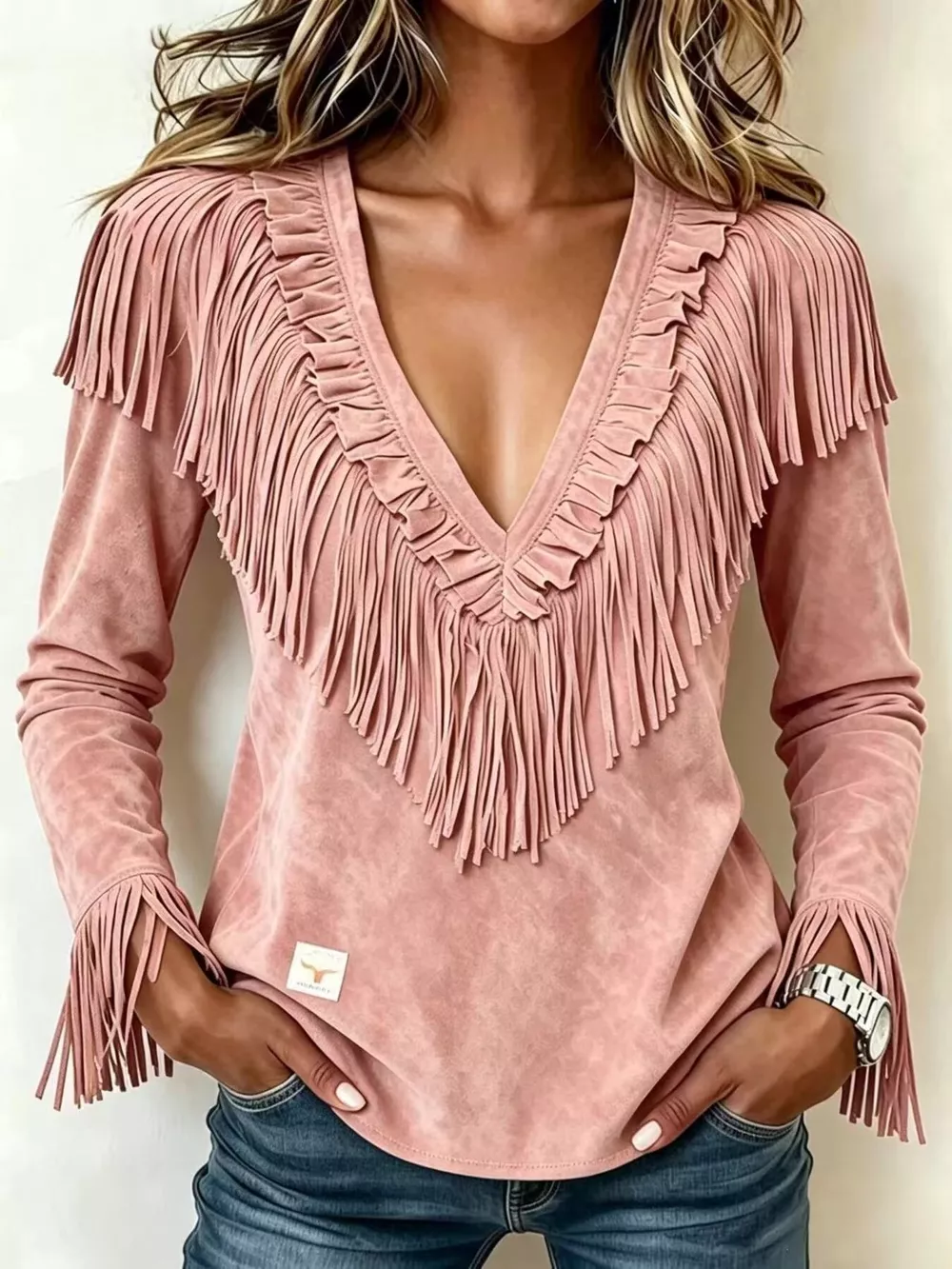 Fringed V-Neck Blouse, image 10