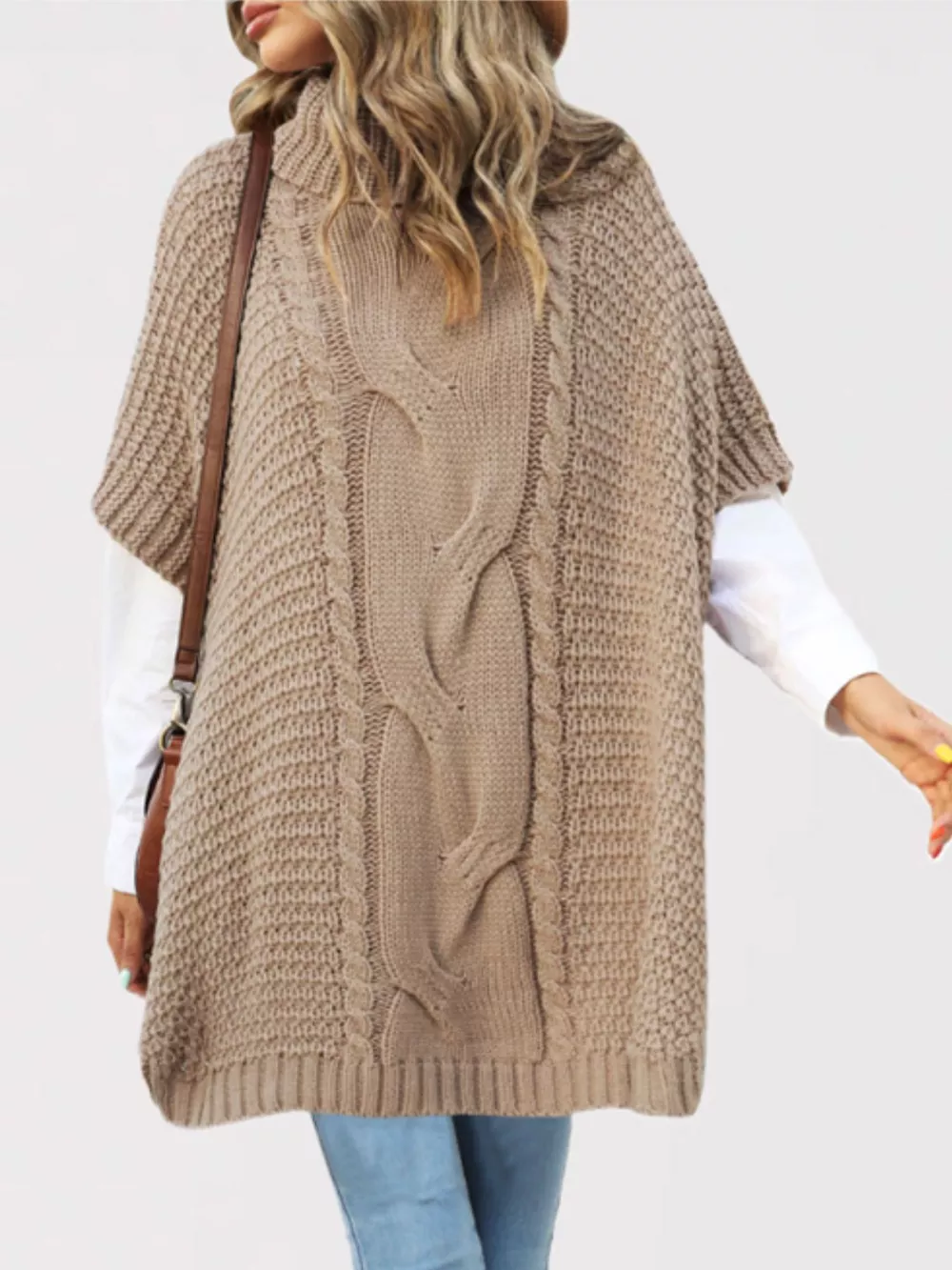 Turtleneck Cable-Knit Short Sleeve Oversized Sweater, image 4