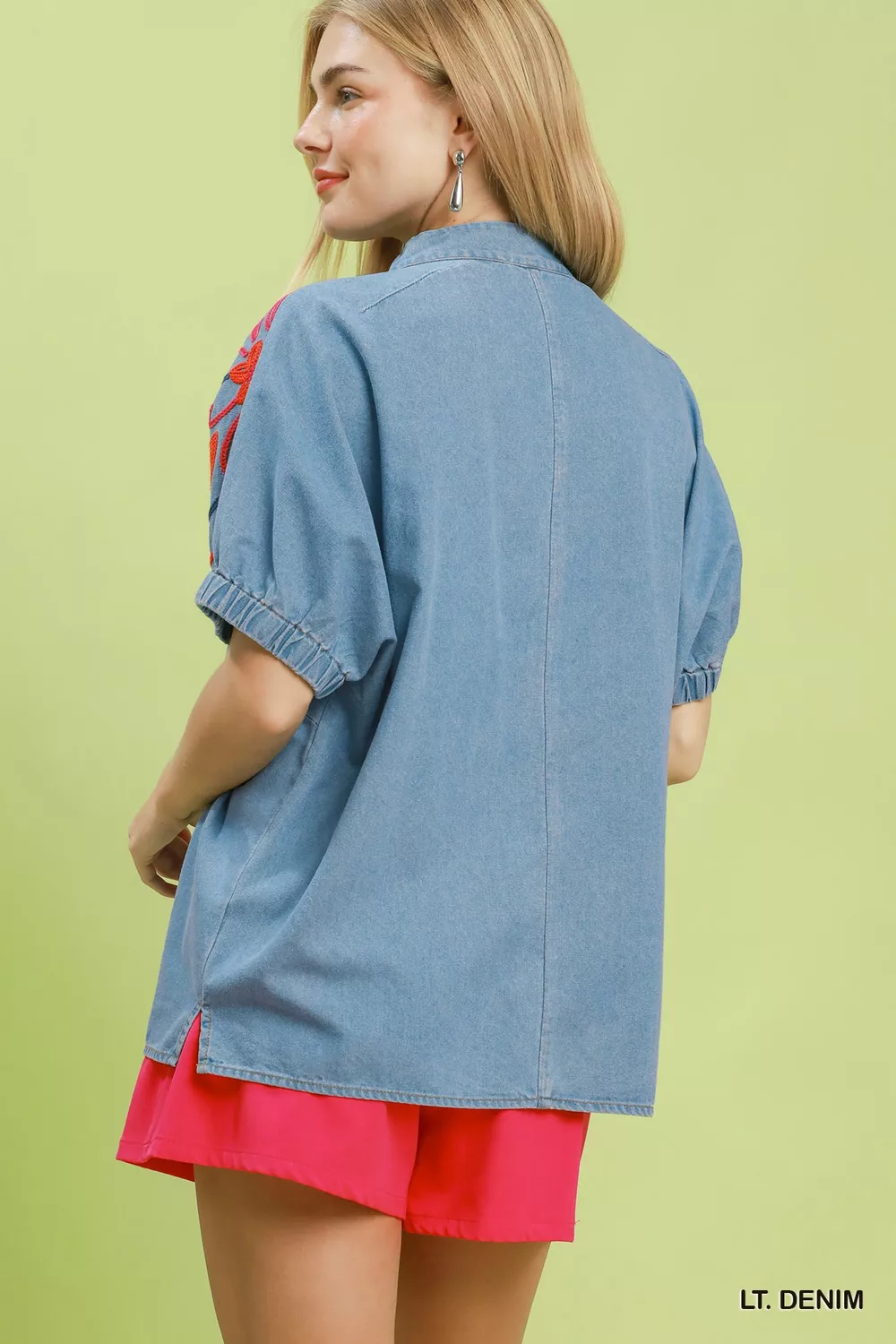 Embroidered Denim Puff Sleeve Top, image 3